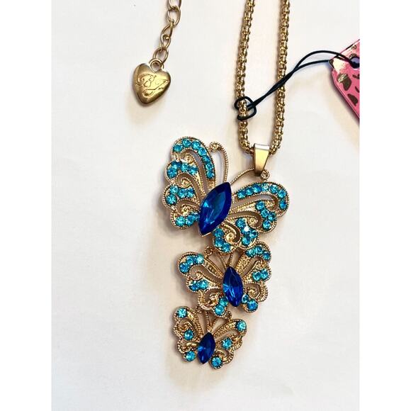 Betsey Johnson 3 Cascading BUTTERFLY NECKLACE Blue Rhinestone Popcorn Gold Chain - Picture 5 of 5